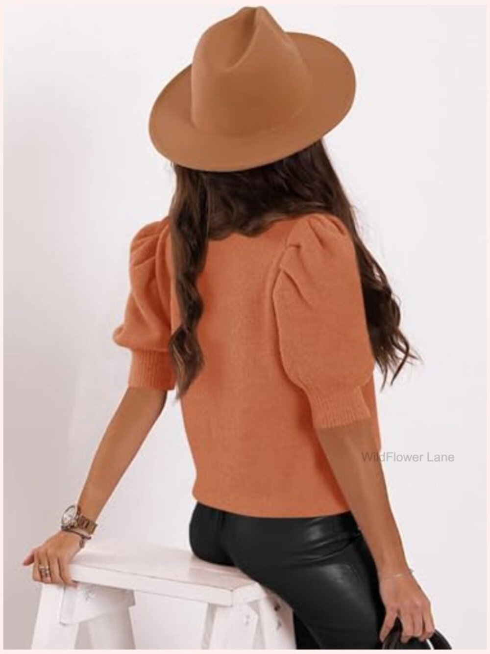 Short Sleeve Puff Sweater Top V-Neck Knit Pullover Blouse - Picture 2 of 7